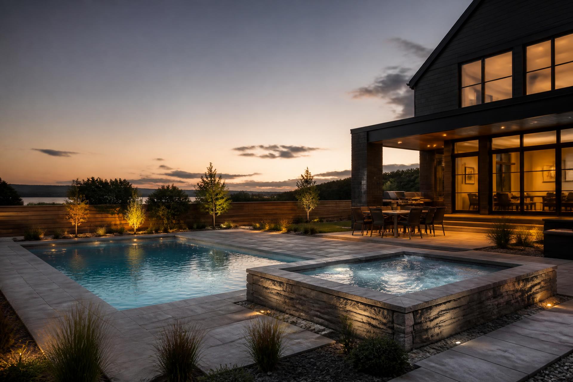 Piscine creusée et spa intégré dans une cour arrière moderne au Québec